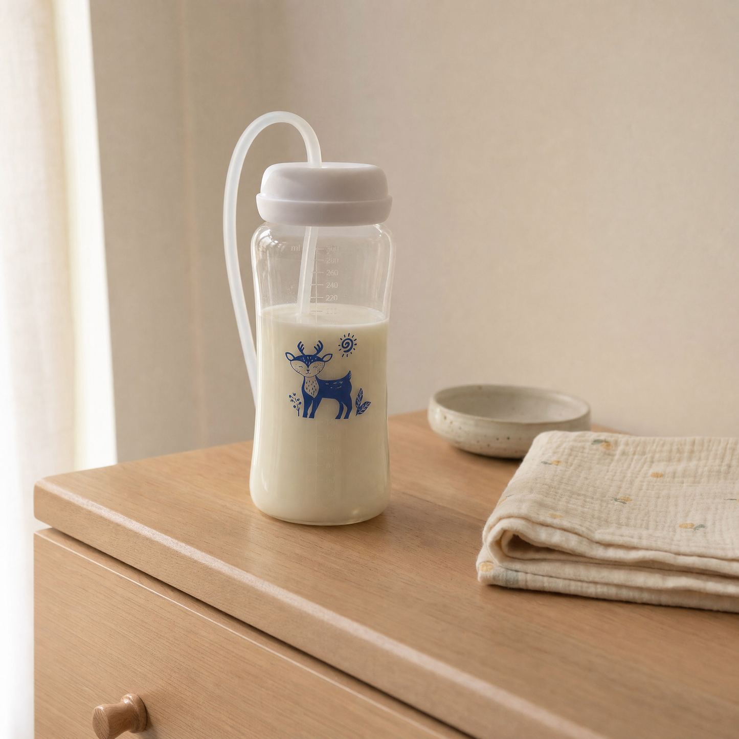 EasySip Baby Bottle filled with milk standing on a nursery dresser