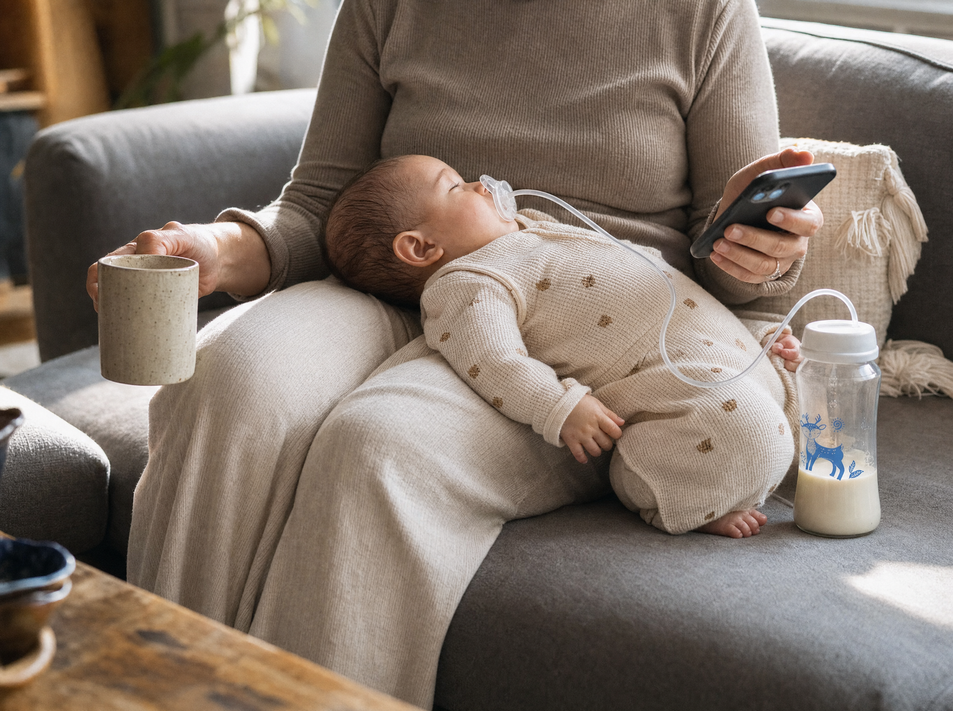 Baby feeding through the EasySip tube on a parent's lap while the parent holds a coffee and a phone