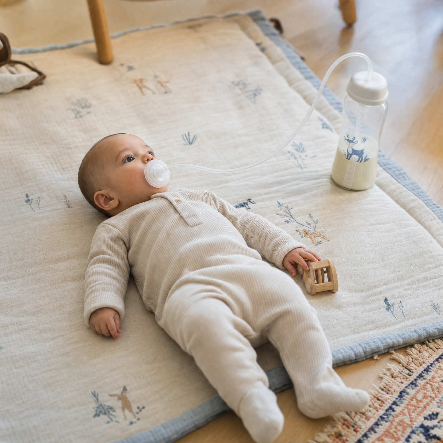 Baby lying on a play mat feeding through the EasySip tube, hands free, bottle standing beside them