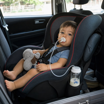 Toddler in a car seat feeding through the EasySip tube with the bottle wedged beside them