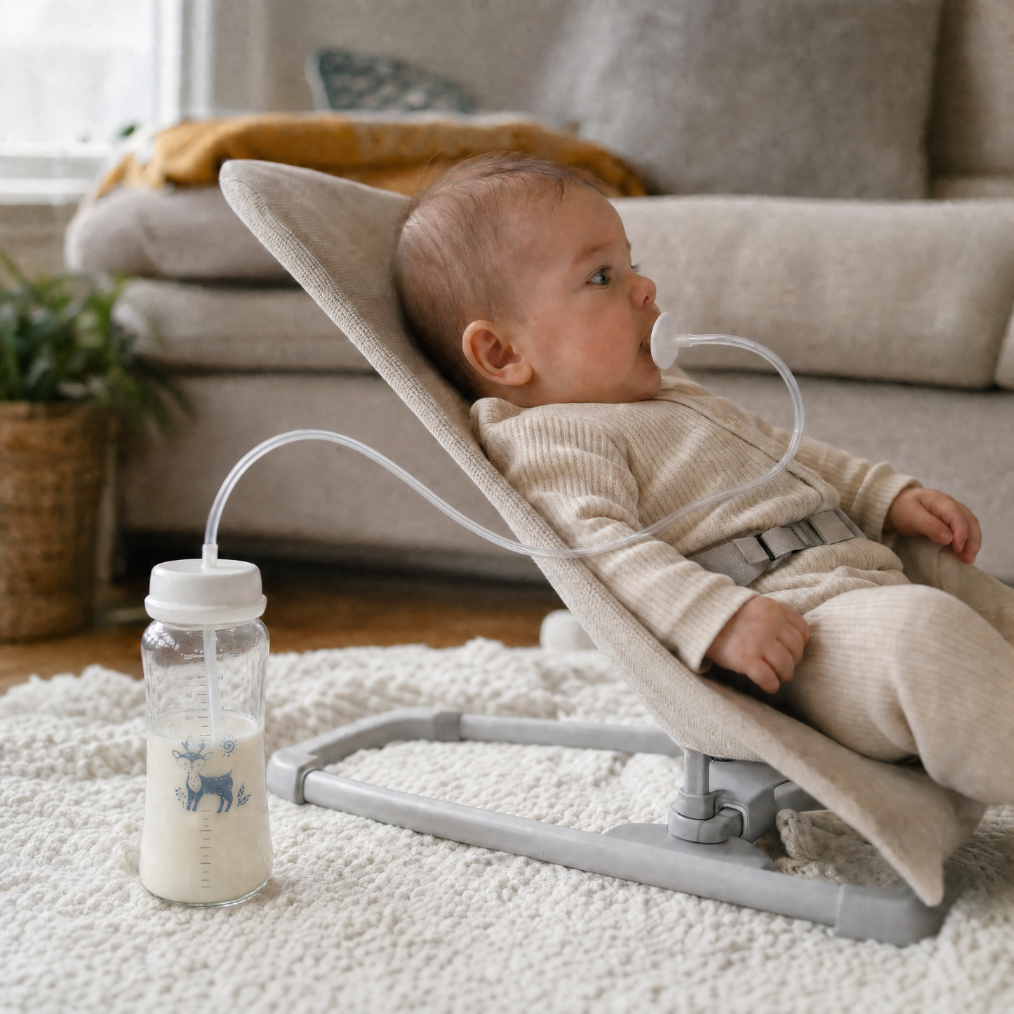 Baby feeding hands-free through the EasySip tube in a bouncer while the bottle stands on the floor