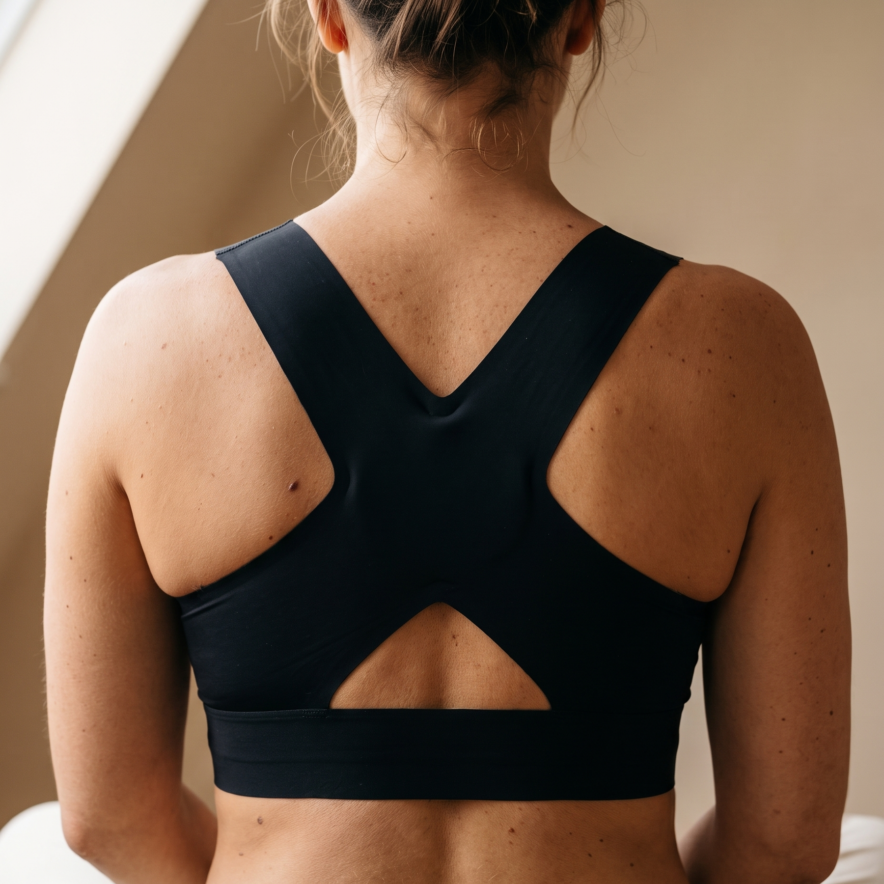 Velora Posture Bra in black, back view showing the one-piece moulded X panel across the shoulder blades
