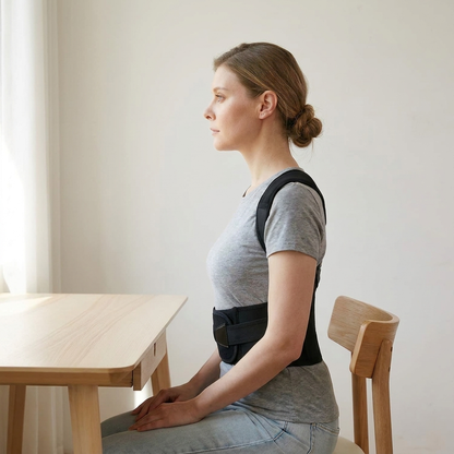 Woman sitting upright at a desk wearing the PostureOn posture support brace in black
