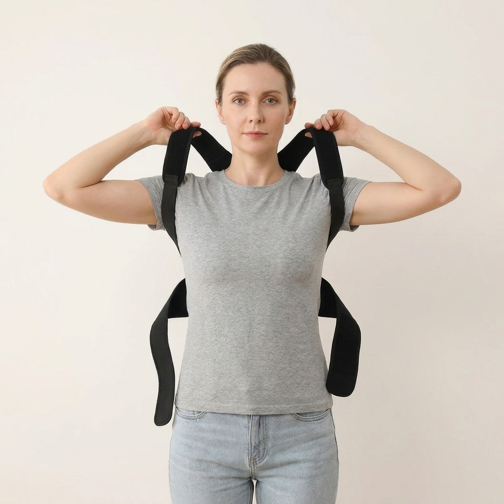 Putting on the PostureOn brace, arms through the padded shoulder straps