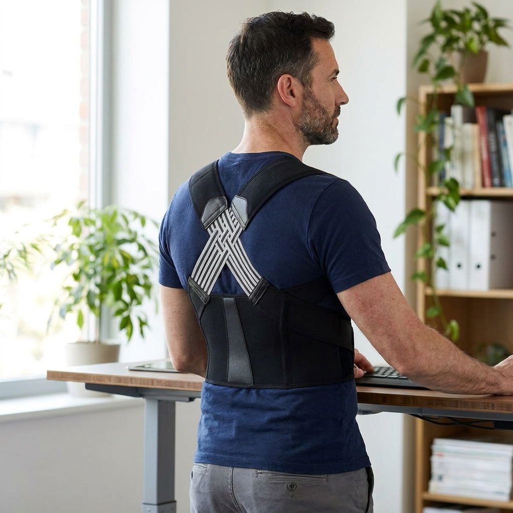 Man at a standing desk wearing the PostureOn brace, crossed back panel visible