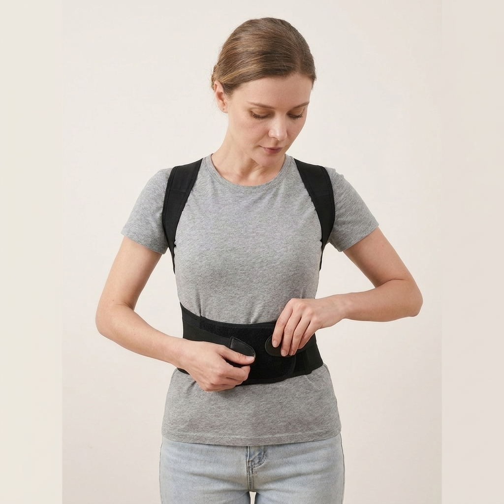 Fastening the PostureOn brace with the two hook-and-loop tabs at the front