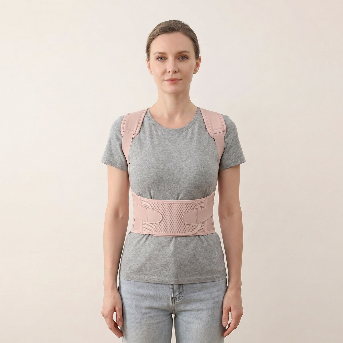 Woman wearing the PostureOn back brace in blush pink over a grey t-shirt