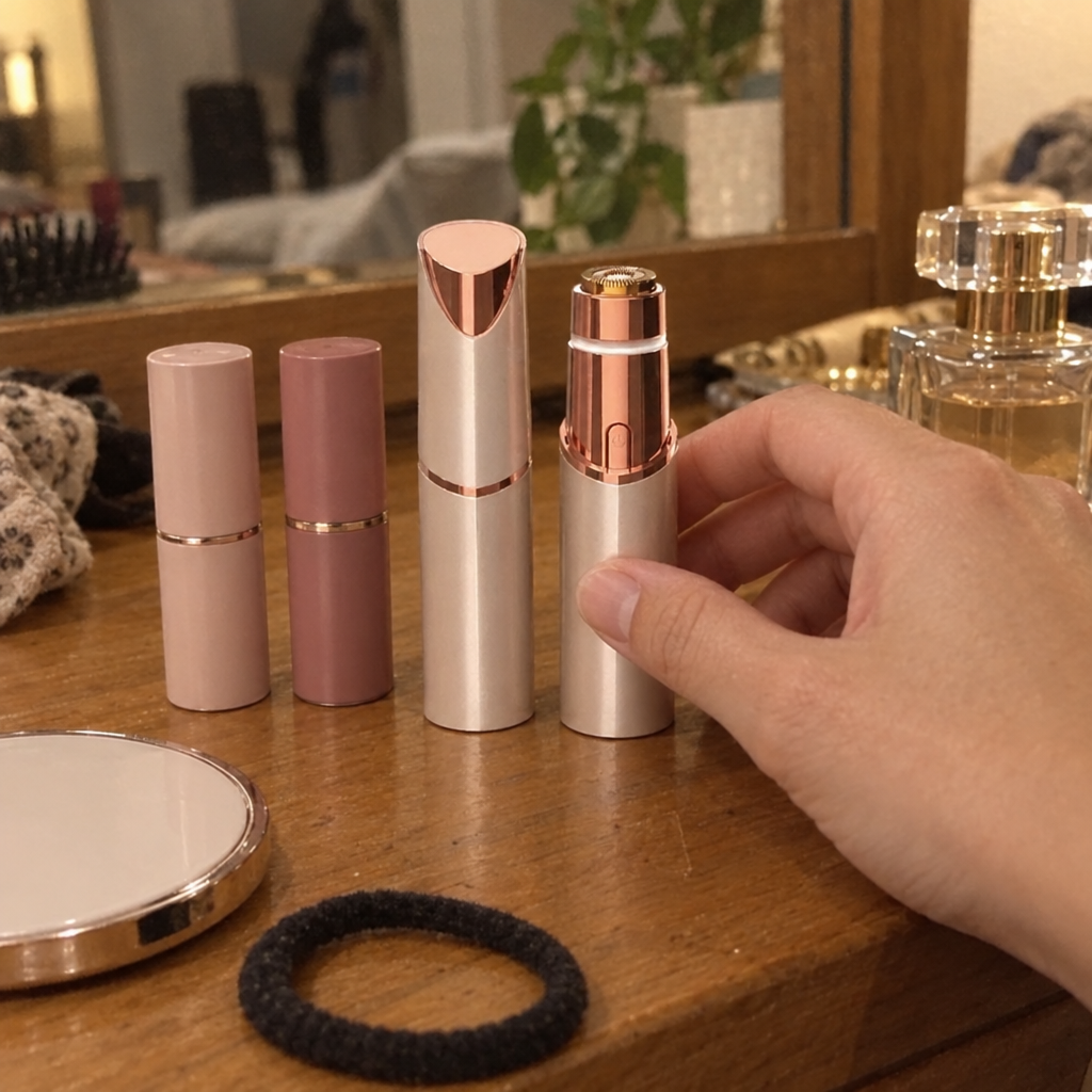 PeachPen standing among lipsticks on a vanity, looking like a lipstick