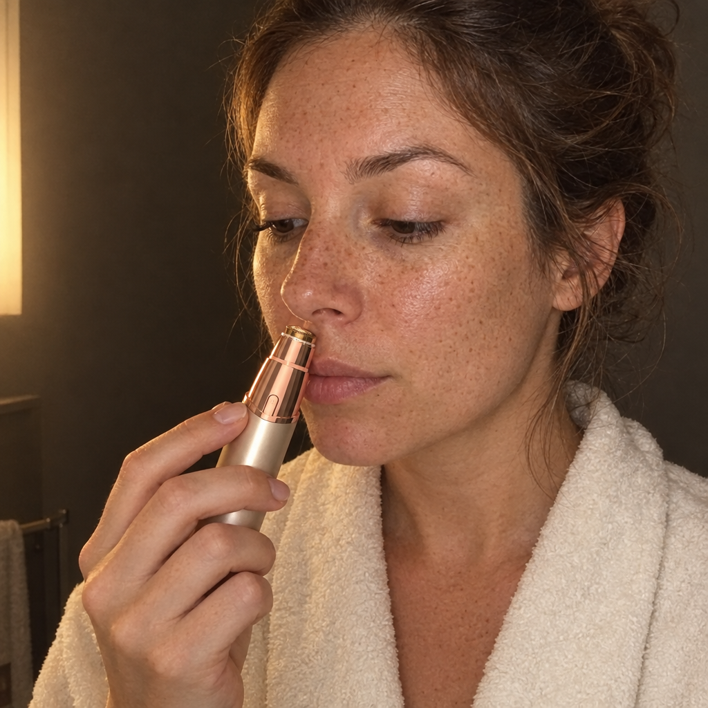 Woman using the PeachPen facial hair remover on her upper lip