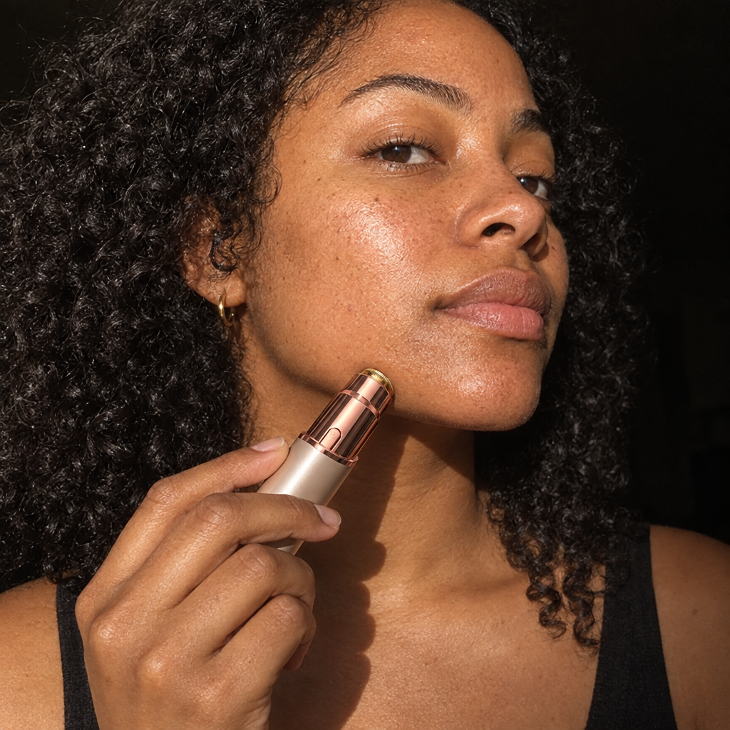 Woman gliding the PeachPen face shaver along her jawline