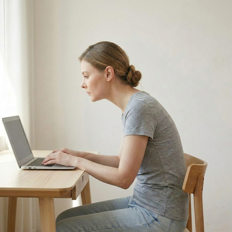 Woman slouching over a laptop with her chin forward and shoulders rounded