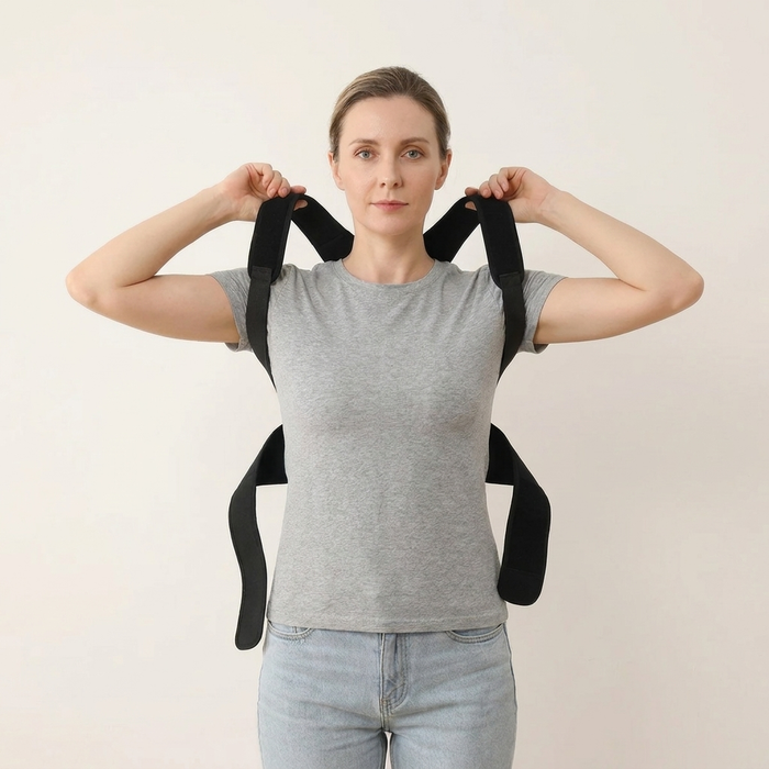 Threading both arms through the padded shoulder straps of the PostureOn brace