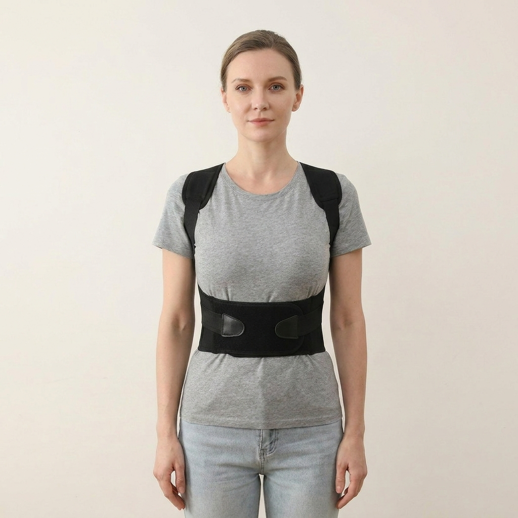 Woman standing upright with the PostureOn posture brace fully fastened over a t-shirt