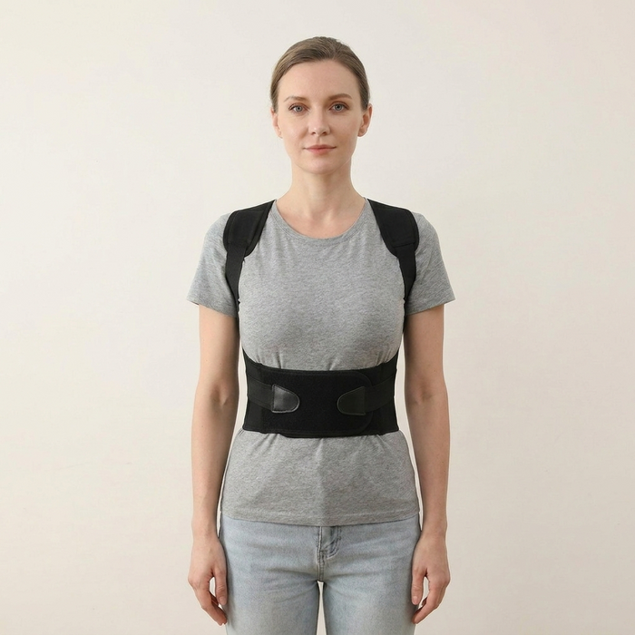 Standing upright with the PostureOn brace fully fastened over a t-shirt