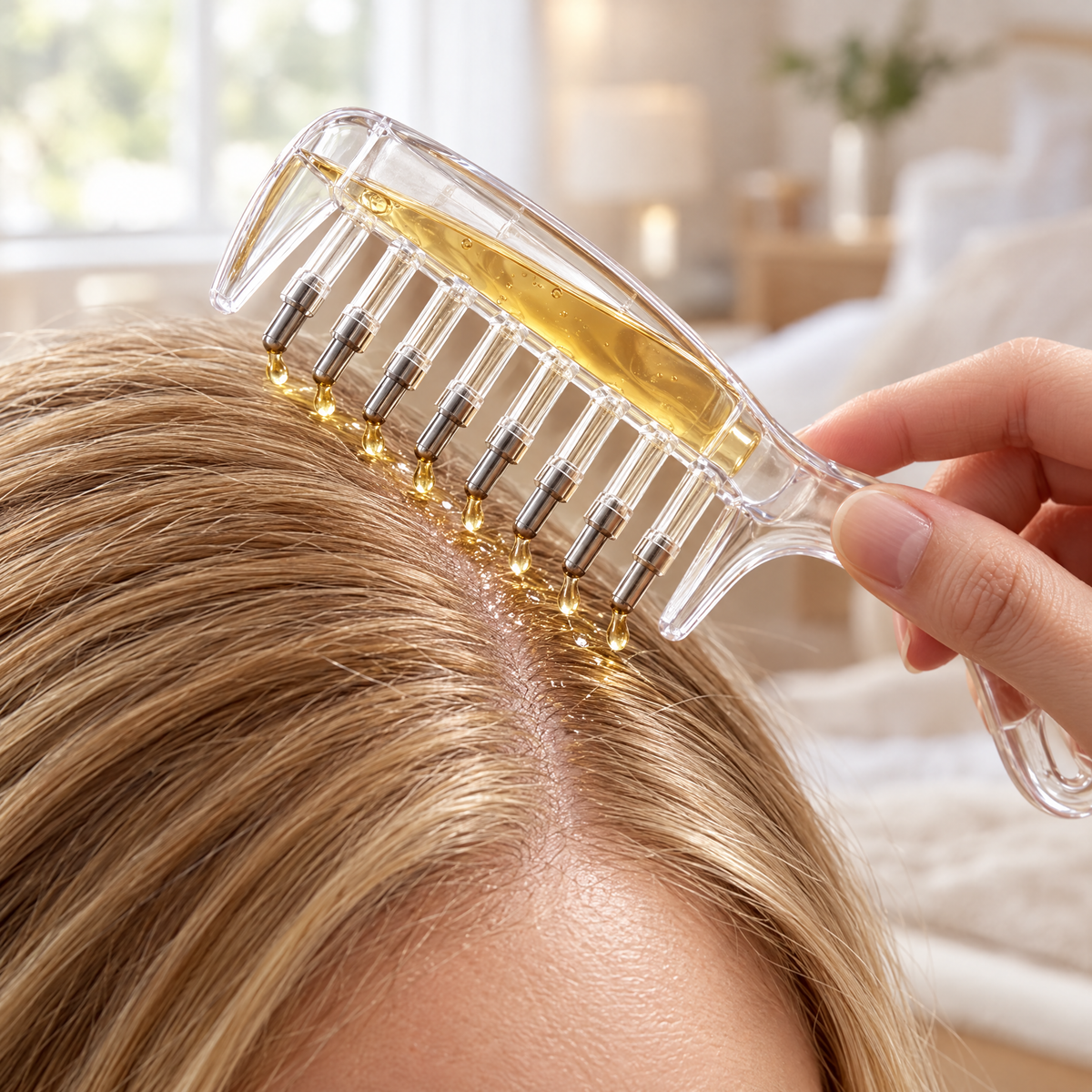 Close-up of the RootDrop Comb nozzles releasing oil onto the scalp