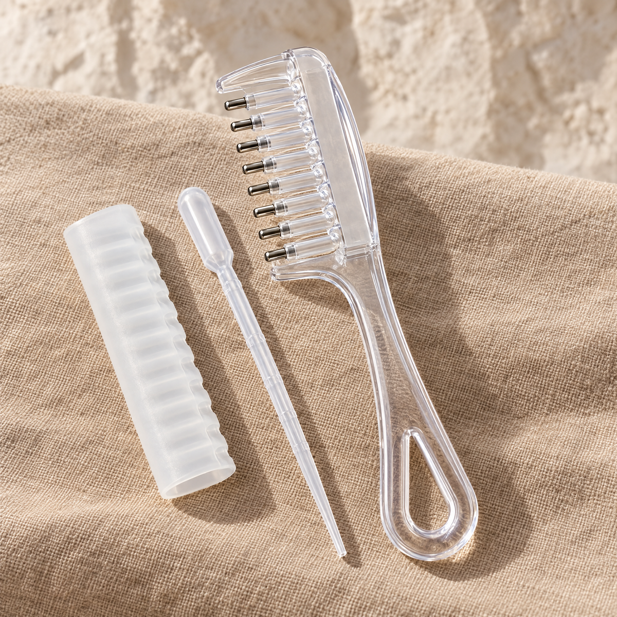 RootDrop Comb in transparent, with silicone cover and pipette
