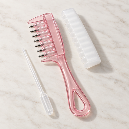 RootDrop pink hair oil applicator comb with silicone cover and dropper pipette