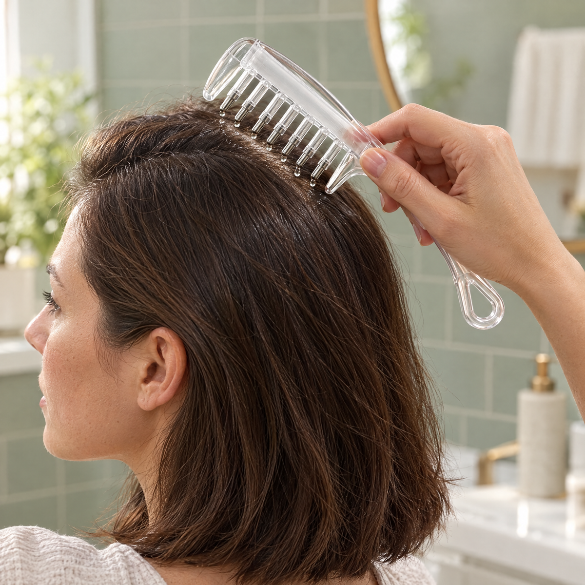 Woman drawing the RootDrop Comb along a parting