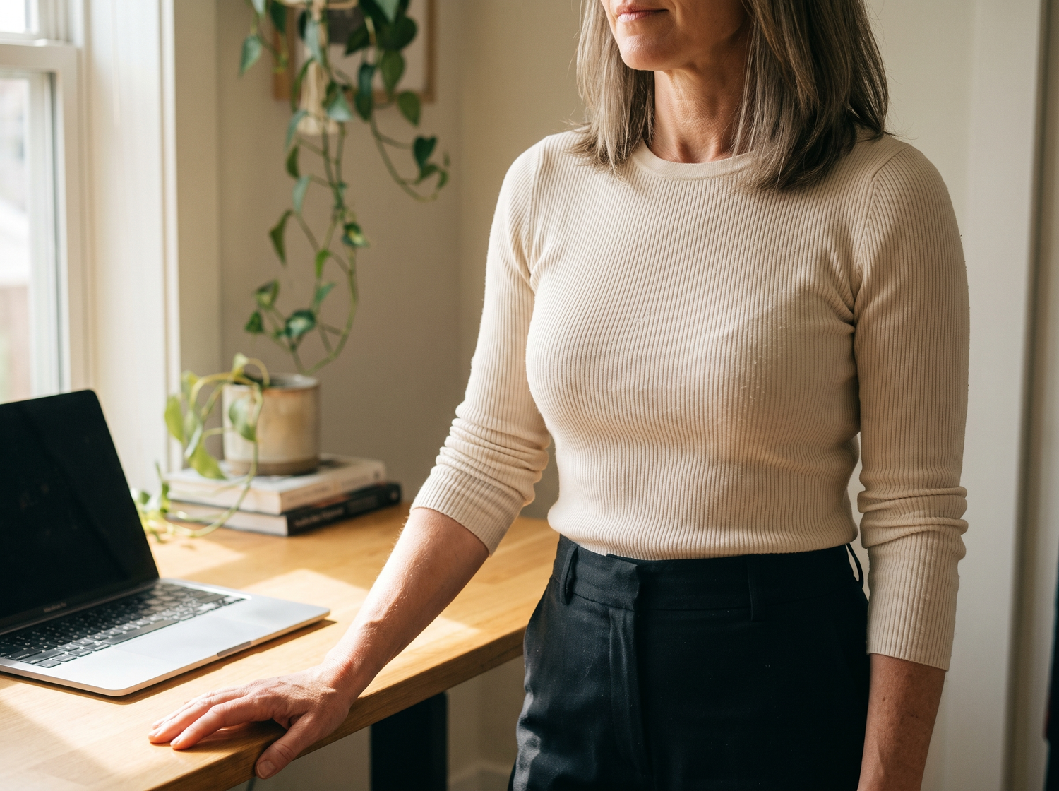 Velora - standing tall in a fitted knit top